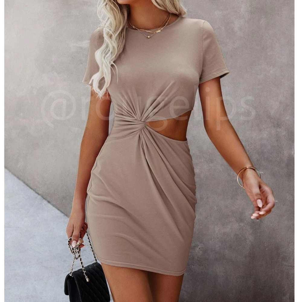 Casual Tee Shirt Dress Cutout Short Sleeve Beige Mini